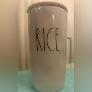 Rae Dunn BROWN RICE Glossy White 8.5 Inch High Ceramic Canister Cellar Wood Lid